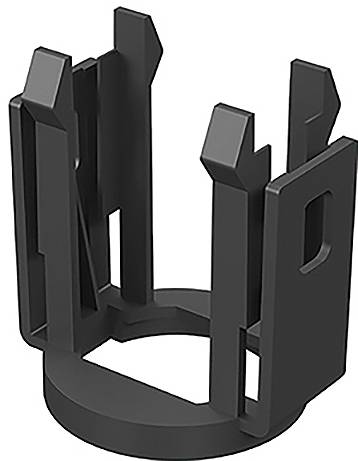 Eine schwarze Kunststoffkomponente mit fünf vertikalen Lamellen und einer runden Basis, die einem Halter oder Ständer ähnelt und zu Organisationszwecken konzipiert ist.