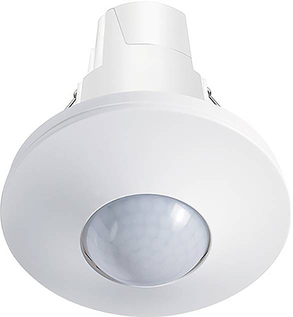 Ein weißer Bewegungsmelder mit rechteckigem Design, an der Wand montiert, wird verwendet, um Bewegungen zu erkennen und Beleuchtungs- oder Sicherheitssysteme zu aktivieren.