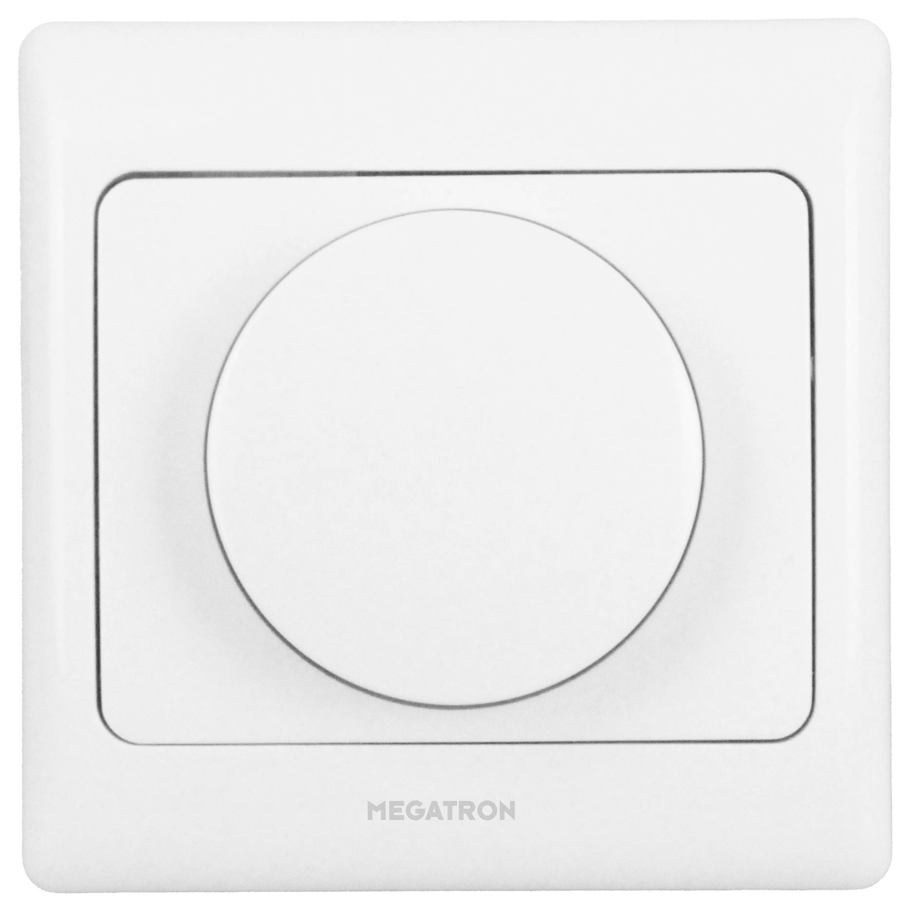 Ein weißer, quadratischer Dimmerschalter mit dem Markennamen „MEGATRON
