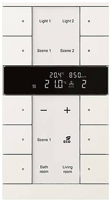 Weißes an der Wand montiertes Bedienfeld mit digitalem Display, das die Temperatur „21,0°C