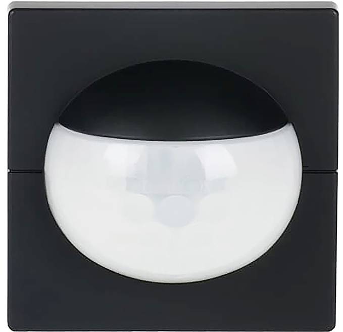 Quadratischer schwarz wandmontierter Bewegungsmelder mit abgerundetem weißem Objektiv in der Mitte.