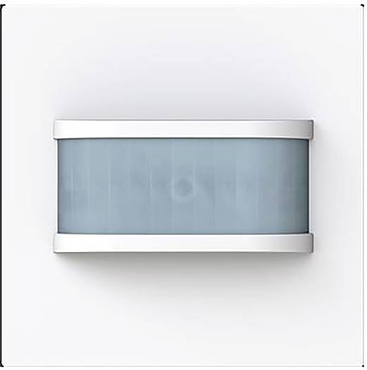 Ein weißes rechteckiges Objekt mit einem durchsichtigen blauen Fenster und silbernen Kanten, das einer modernen wandmontierten Leuchte oder einem elektronischen Gerät ähnelt.