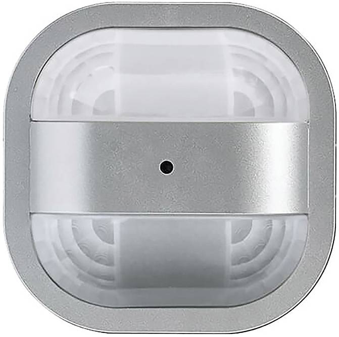 Ein runder, silber- und weißer Bewegungsmelder mit einem kleinen zentralen Punkt, der in Sicherheits- oder automatischen Beleuchtungssystemen verwendet wird.