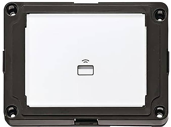 Ein weißes rechteckiges elektronisches Gerät mit einem kleinen Wi-Fi-Symbol in der Mitte, umgeben von einem schwarzen Rahmen mit vier sichtbaren Schrauben an den Ecken.