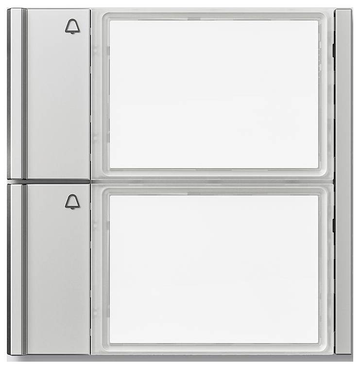 Bild eines doppelten Lichtschalters mit zwei rechteckigen Tasten und je einem Glockensymbol. Der Schalter hat eine metallische Oberfläche.