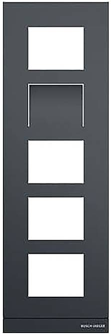 Eine moderne, dunkelgraue Tür mit vier gleichmäßig angeordneten quadratischen Glaspaneelen. Das Design ist minimalistisch und elegant.