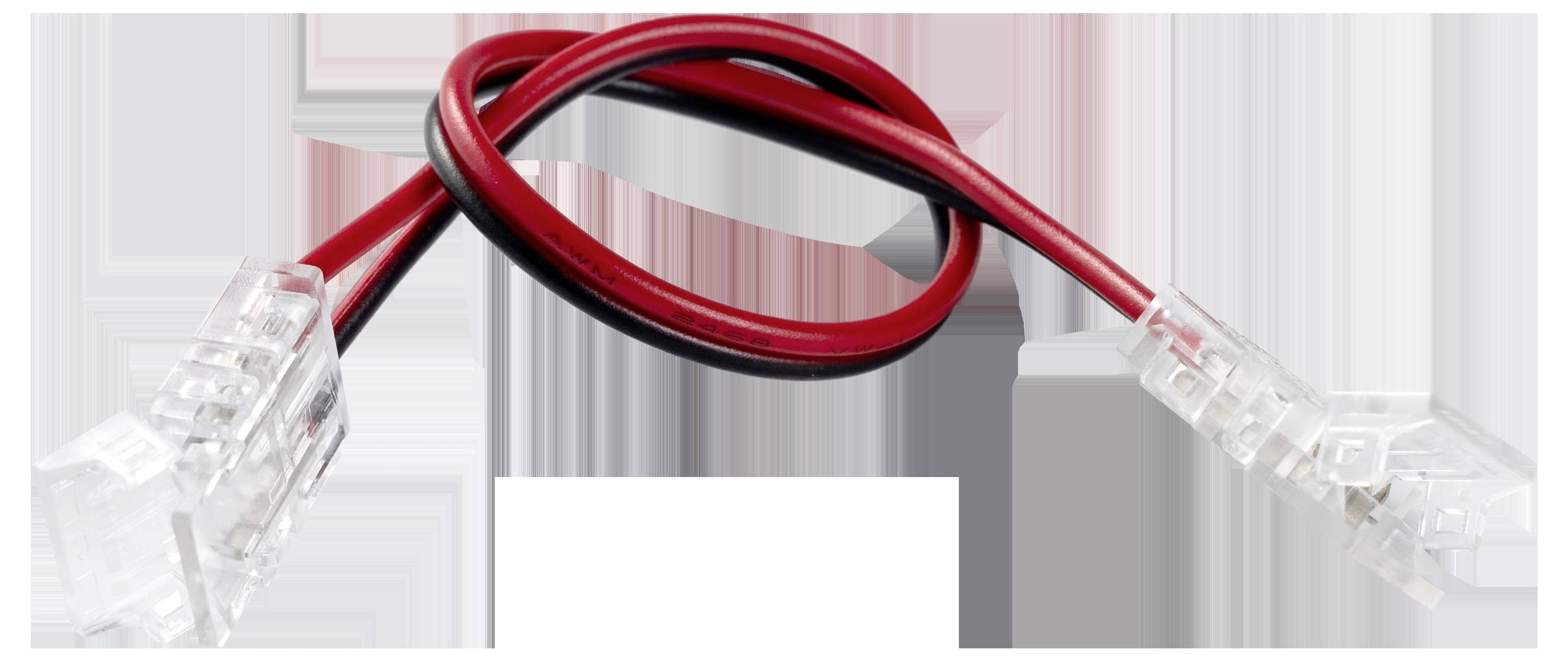 Rotes und schwarzes verdrilltes Kabel mit durchsichtigen Steckverbindern an jedem Ende, wahrscheinlich zur Verwendung in der Elektronik oder für Netzwerkzwecke.