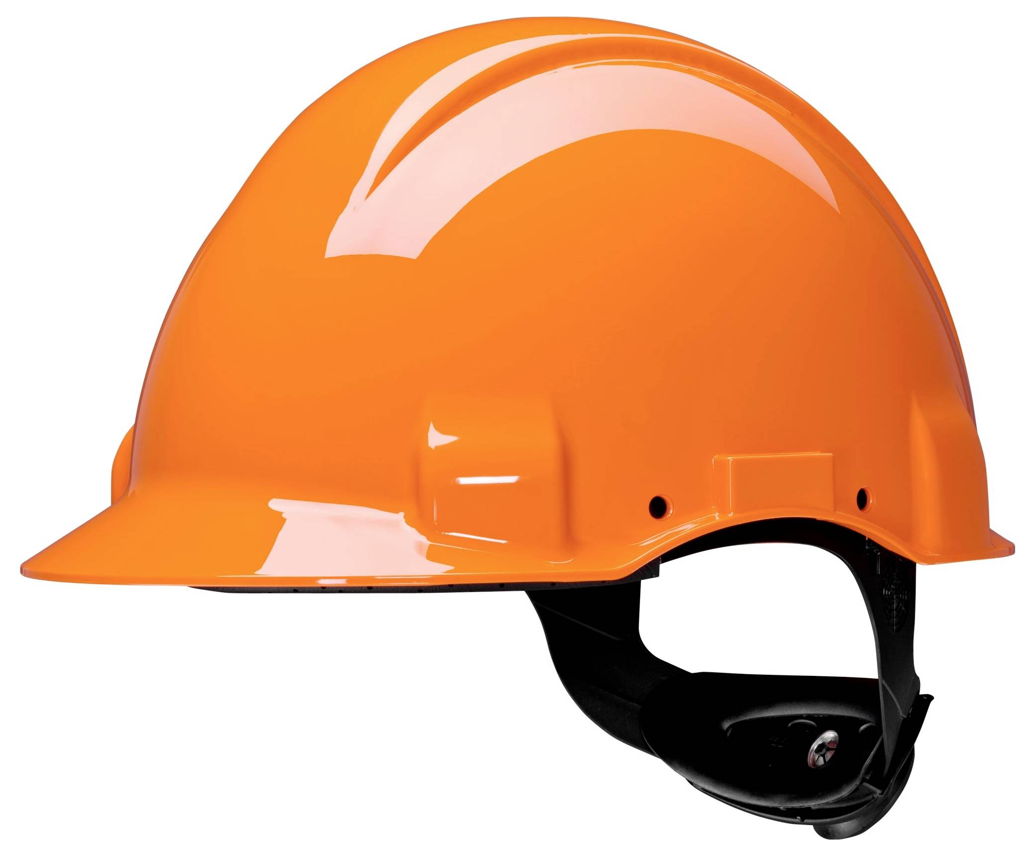 Ein oranger Schutzhelm mit schwarzem verstellbarem Riemen, der zum Kopfschutz in Bau- oder Industrieumgebungen verwendet wird.