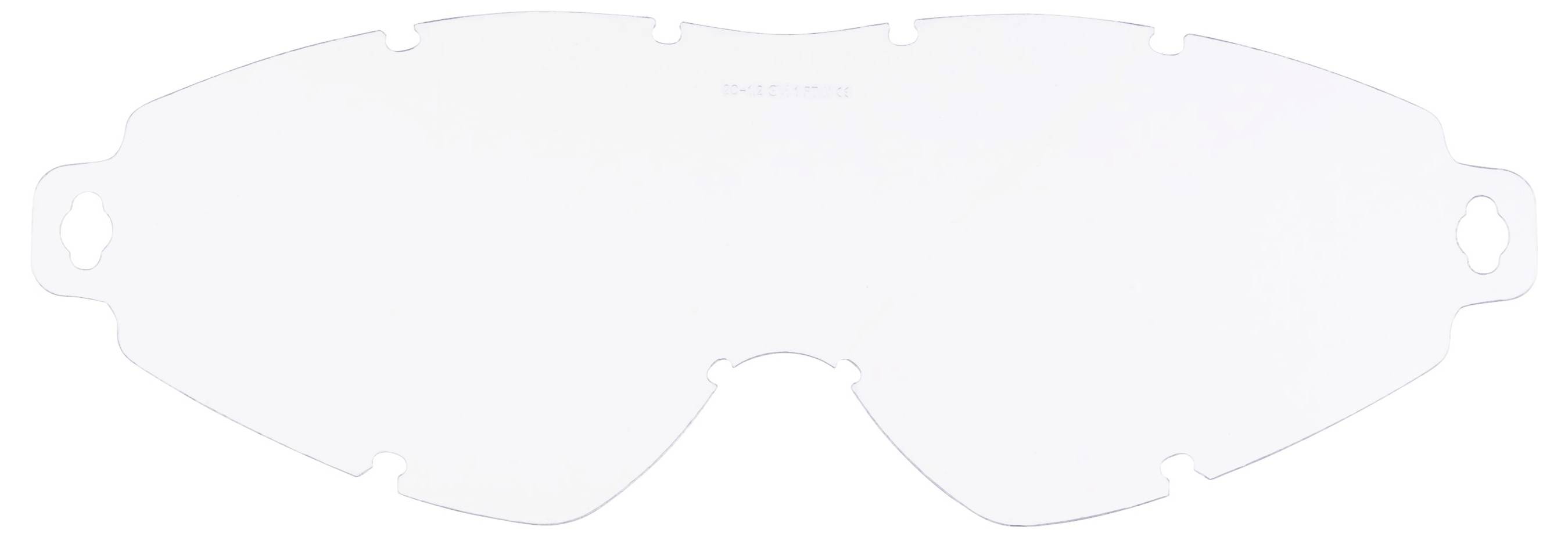 Transparente Ersatzlinse für Schutzbrille mit Kerben zur sicheren Befestigung, entwickelt zum Schutz der Augen vor Verschmutzung.