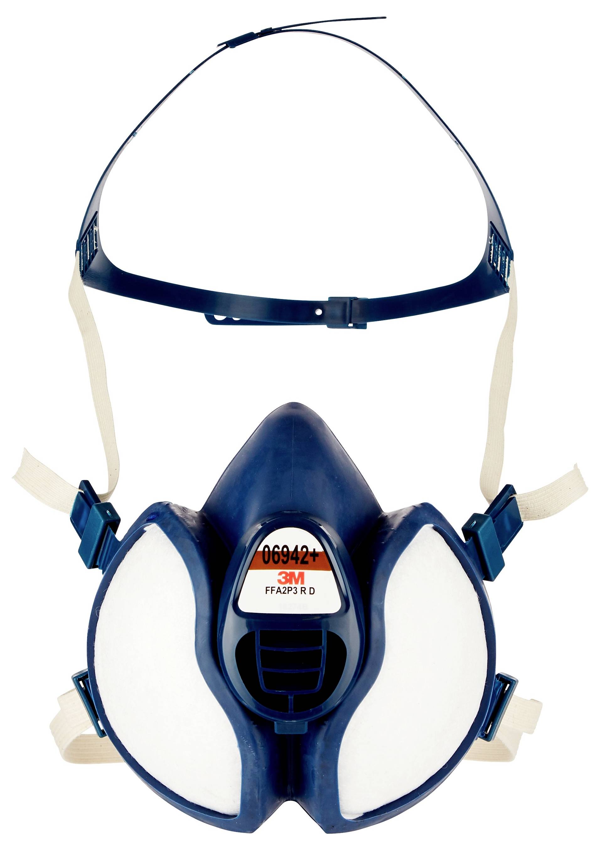 Eine schützende blaue Atemschutzmaske für den Industriebereich mit verstellbaren Riemen, ausgestattet mit weißen Filtern auf jeder Seite und der Marke „3M