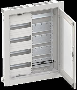 Elektrischer Verteilerkasten mit offener Klapptür, die mehrere Steckplätze für Leitungsschutzschalter zeigt.