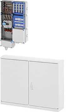 Ein elektrischer Schrank neben einer Ansicht seiner inneren Komponenten, einschließlich Verkabelung und blaulich gefärbter Module, als technische Referenz für die Einrichtung.