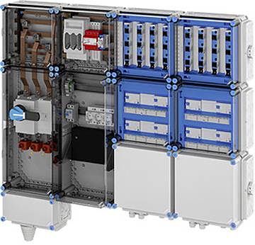 „Elektrisches Schaltfeld mit mehreren Leistungsschaltern, Schaltern und Verkabelung, eingeschlossen in einem Schutzgehäuse. Wird zur Stromverteilung und Steuerung verwendet.