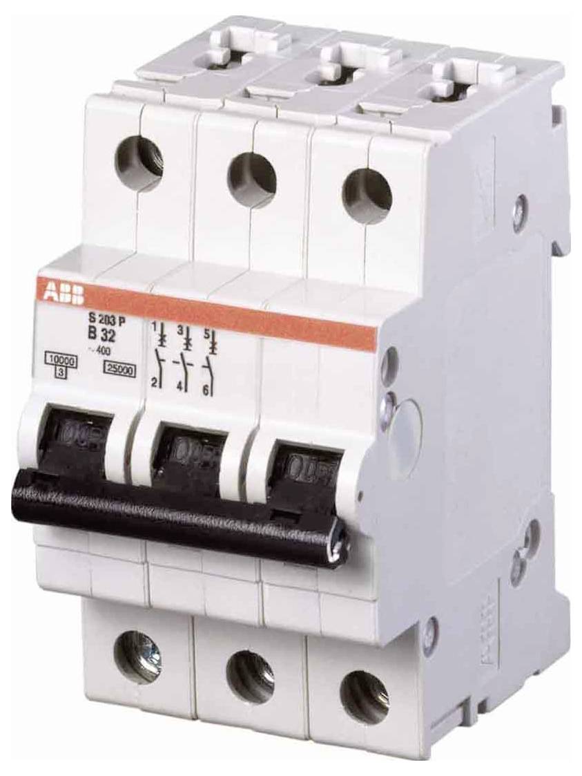 Ein weißer Drehstromschutzschalter mit drei Schaltern mit den Bezeichnungen 'S 203 P', 'B 32' und '400V'. Wird für elektrische Sicherheit und Steuerung verwendet.