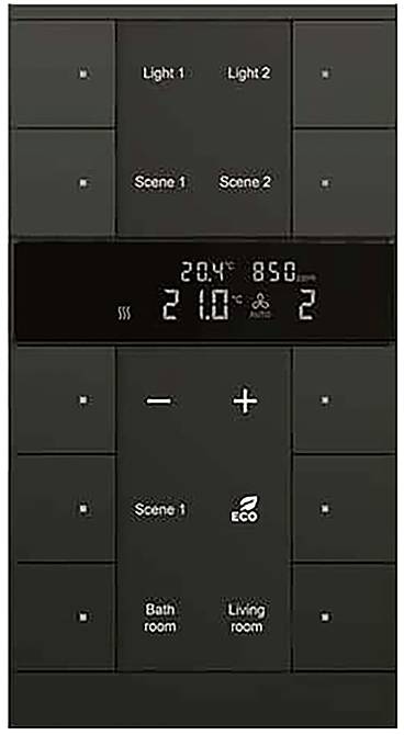 Bedienfeld mit digitaler Anzeige zeigt Temperatur 21°C, Symbole deuten auf Modi und Einstellungen hin. Tasten gekennzeichnet für Lichter, Szenen, Räume.