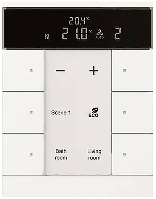 Intelligentes Thermostat-Bedienfeld zeigt aktuelle Temperatur von 20,4°C und Solltemperatur von 21,0°C im Modus Szene 1 an.
