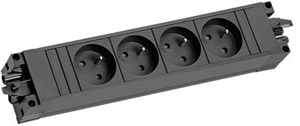 Eine schwarze Steckerleiste mit vier Steckdosen, entwickelt für elektrische Verbindungen.