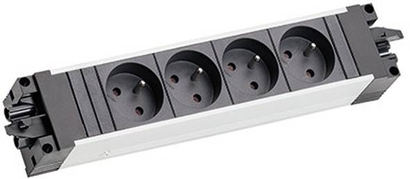 Vier schwarze Elektrosteckdosen auf rechteckiger Basis montiert, konzipiert für Mehrgeräte-Stromversorgung.