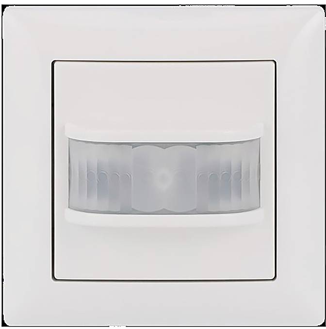 Ein weißes Lichtwentil-Panel mit zwei kleinen blauen quadratischen Knöpfen, unten rechts mit dem Etikett „BUSCH-JAEGER