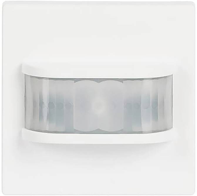 Ein weißer quadratischer Bewegungsmelder mit einer transluzenten gekrümmten Oberfläche, für die Wandmontage konzipiert, zur Erkennung von Bewegungen in einem Raum.