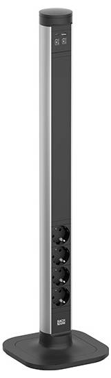 Hoher, silberner Steckerleistenturm mit schwarzer Basis, mit mehreren Steckdosen und beschrifteten Netzschaltern an der Spitze.