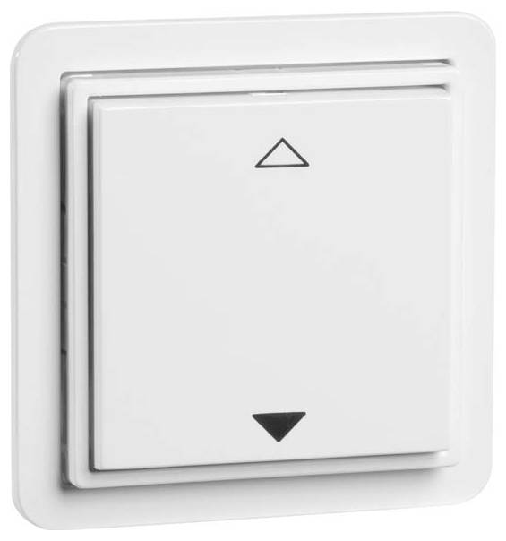 Ein weißer, rechteckiger Lichtschalter mit Pfeilen nach oben und unten, an einer Wand montiert.