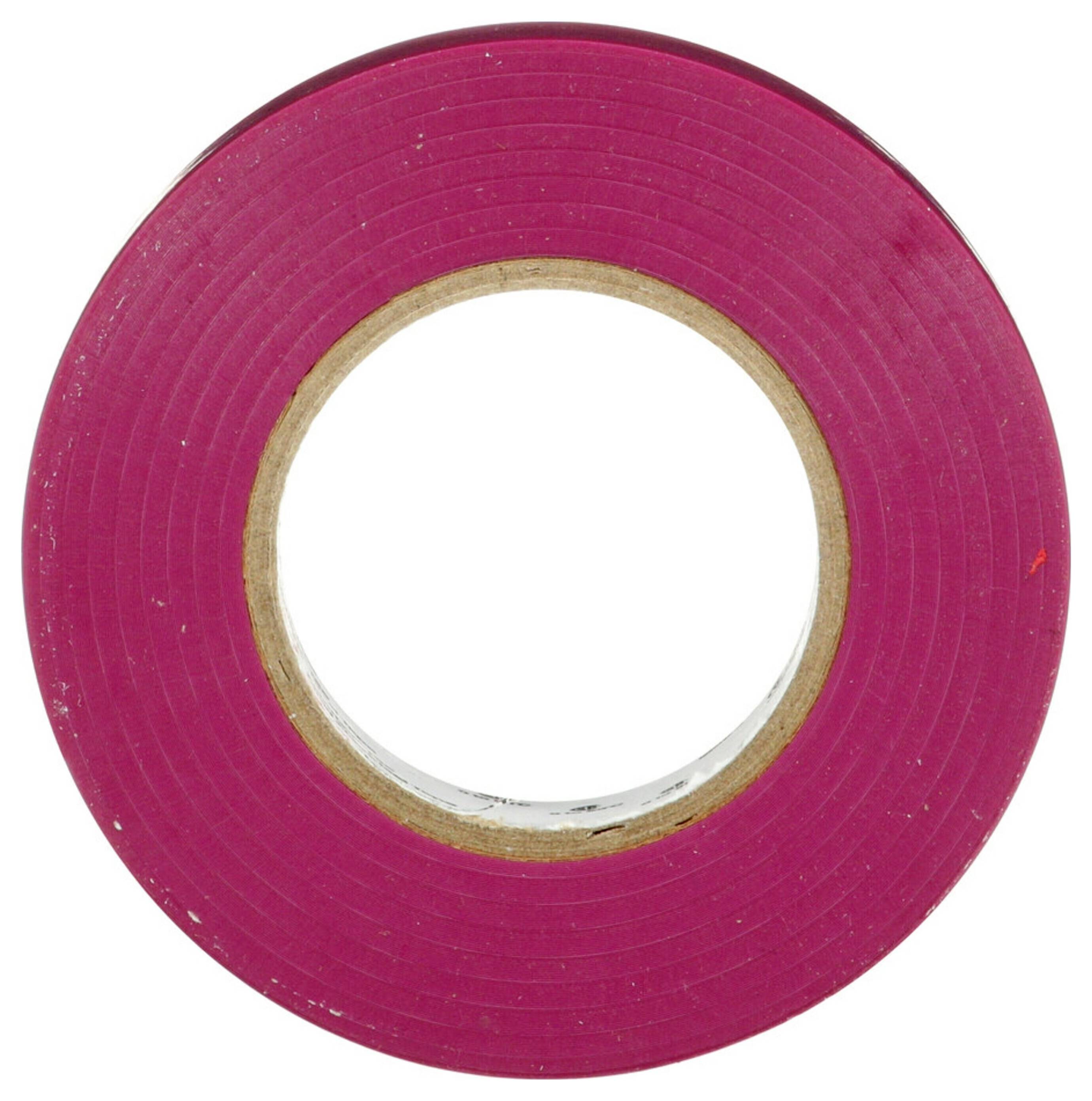 Eine von der Seite betrachtete Rolle aus leuchtend rosa Klebeband, die die kreisförmige Form und die hohle Mitte zeigt.