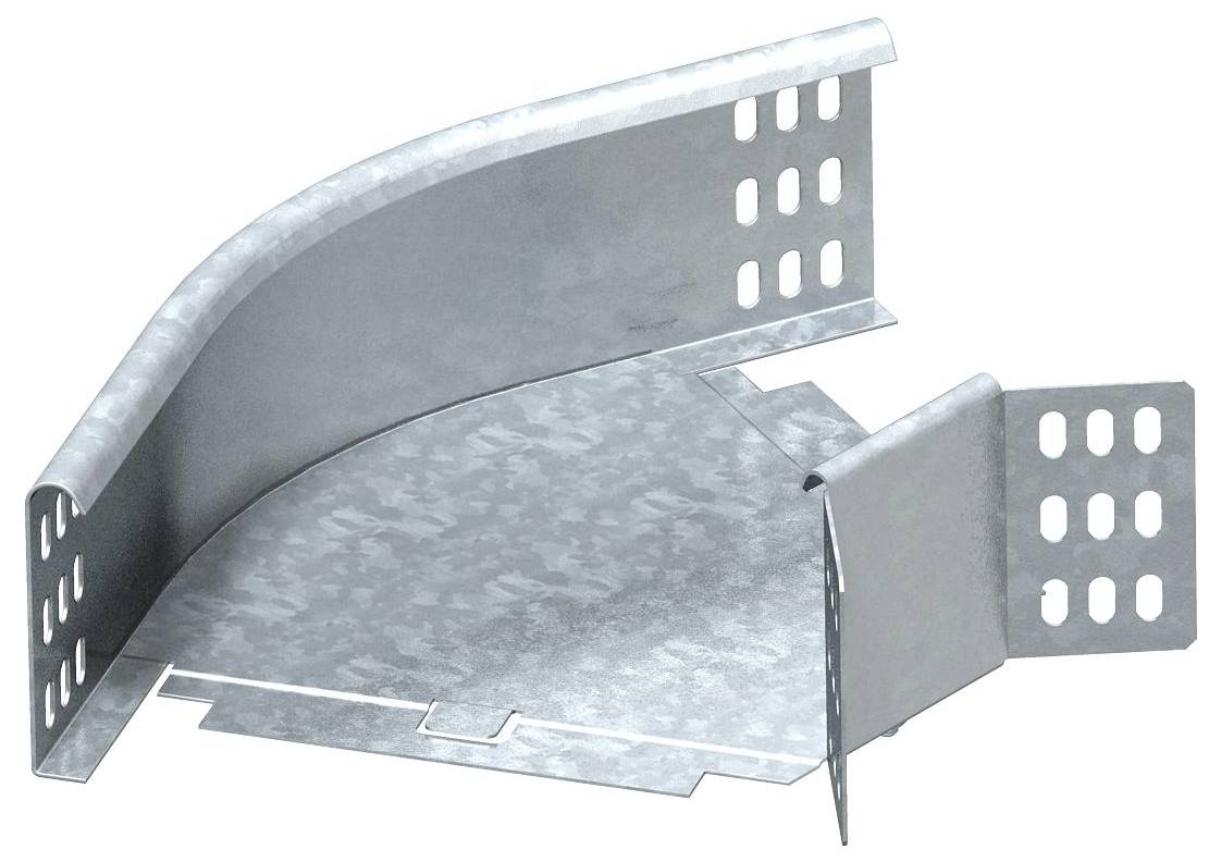 Verzinkter Metallbügel zur Unterstützung von Kabelwannen mit gebogener Konstruktion und perforierten Seiten für flexible Montage.
