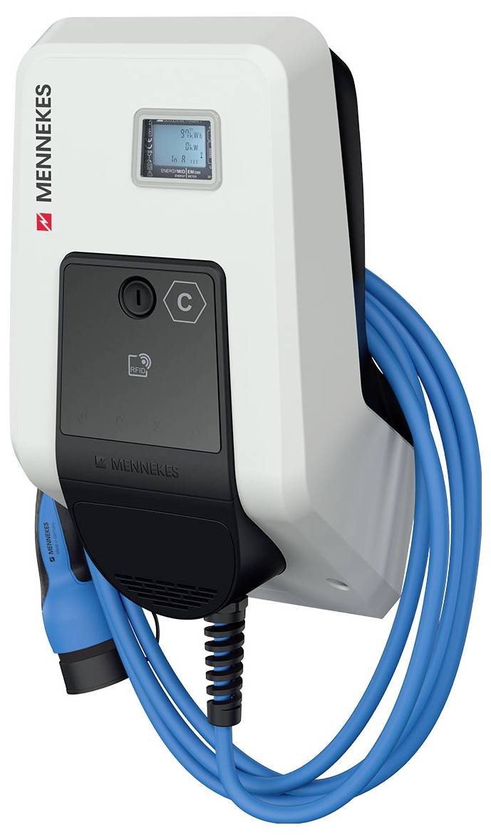 Weiße wandmontierte Elektrofahrzeug-Ladestation mit blauem Kabel, schwarzem Frontpanel mit Symbolen für Stromversorgung und Ladestatus.