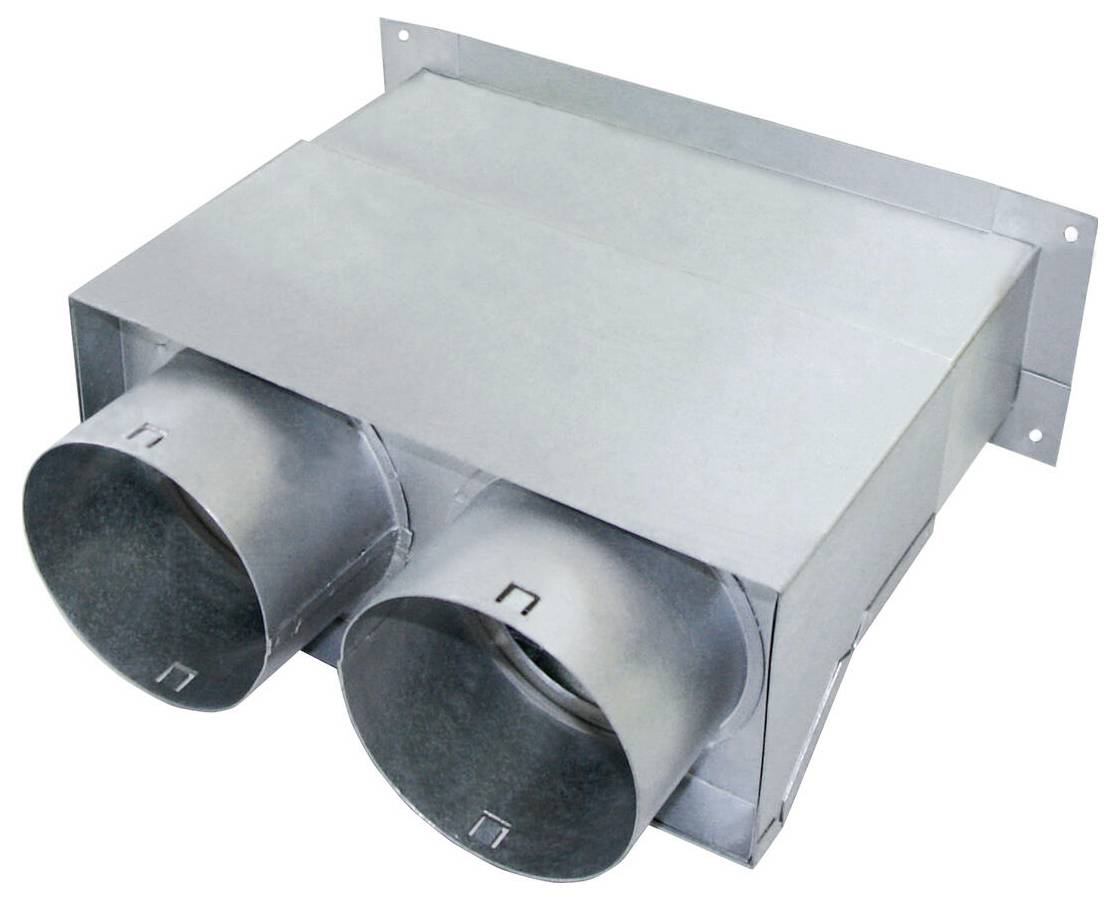 Ein Metallkanal-Verbindungskasten mit zwei angeschlossenen kreisförmigen Kanälen, wahrscheinlich zur Verwendung in Lüftungs- oder Klimaanlagensystemen.