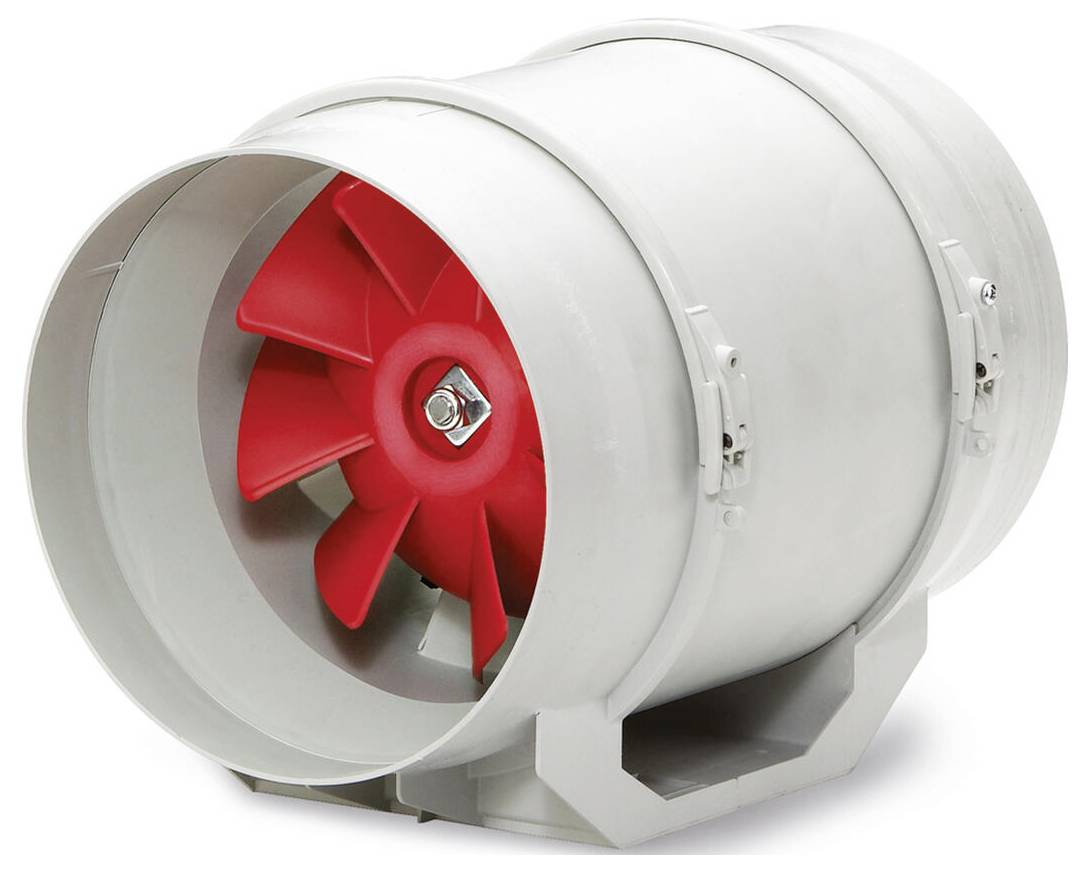 Ein Rohrlüfter mit grauem Außengehäuse und rotem Laufrad im Inneren, der für Lüftungszwecke in HLK-Systemen konzipiert ist.
