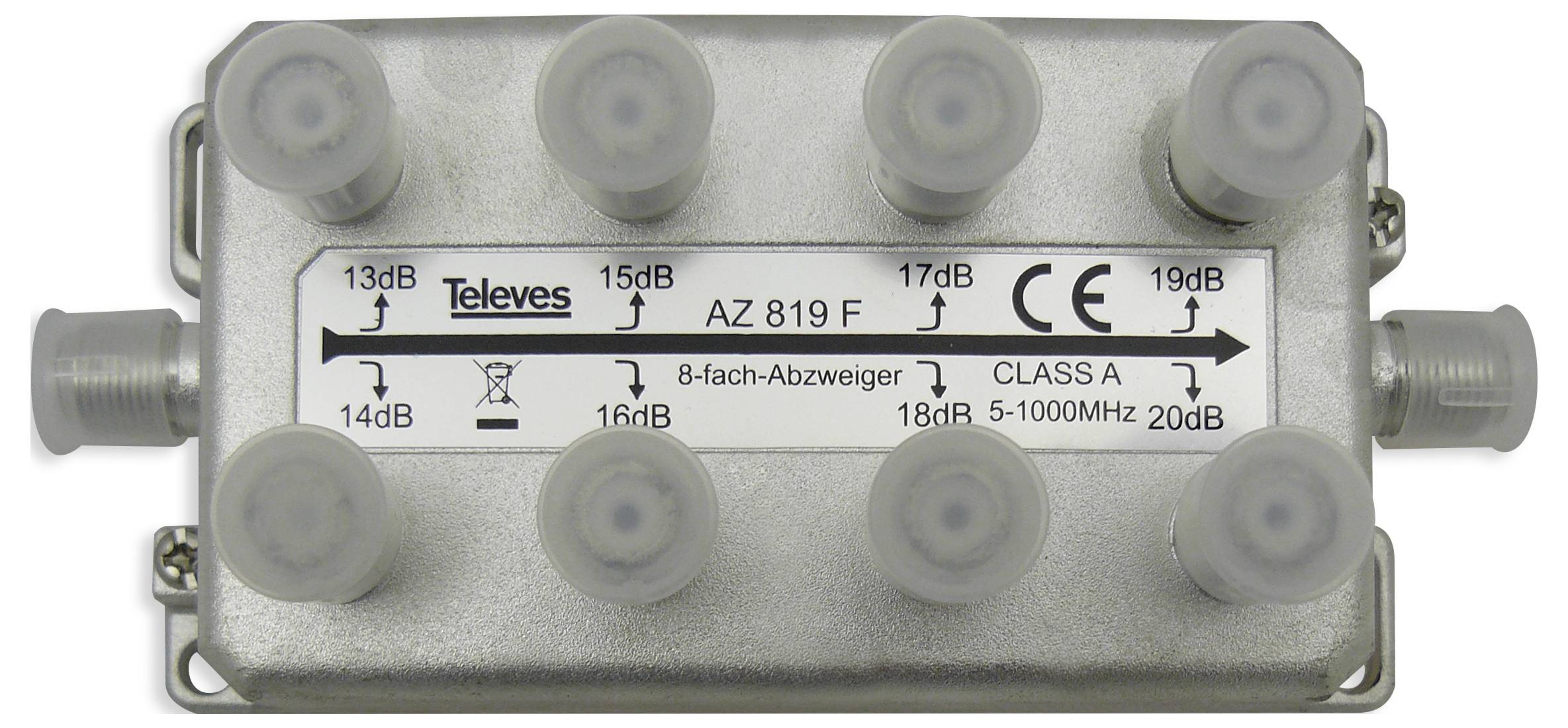 Antennenteilergerat Modell AZ 819 F von Televes; 5-1000 MHz; 8 Ausgänge mit unterschiedlichen dB-Pegeln: 13, 14, 15, 16, 17, 18, 19, 20.