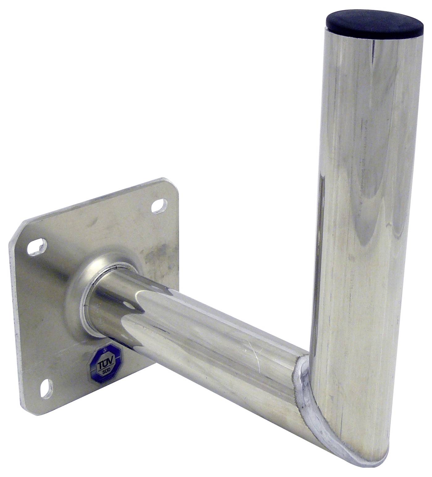 Eine Metallwandhalterung mit einem zylindrischen Arm und einer quadratischen Basis mit vier Befestigungslöchern, die zur Unterstützung von Antennen oder ähnlicher Ausrüstung konzipiert ist.