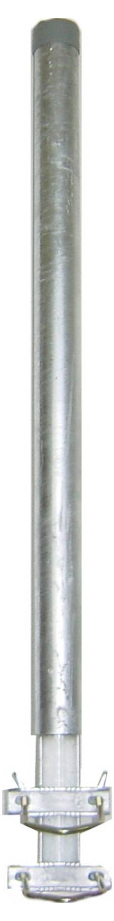 Ein langes, zylindrisches Metallrohr mit glatter Oberfläche, die schwach Licht reflektiert, und verstellbaren Halterungen an der Basis zur sicheren Befestigung.