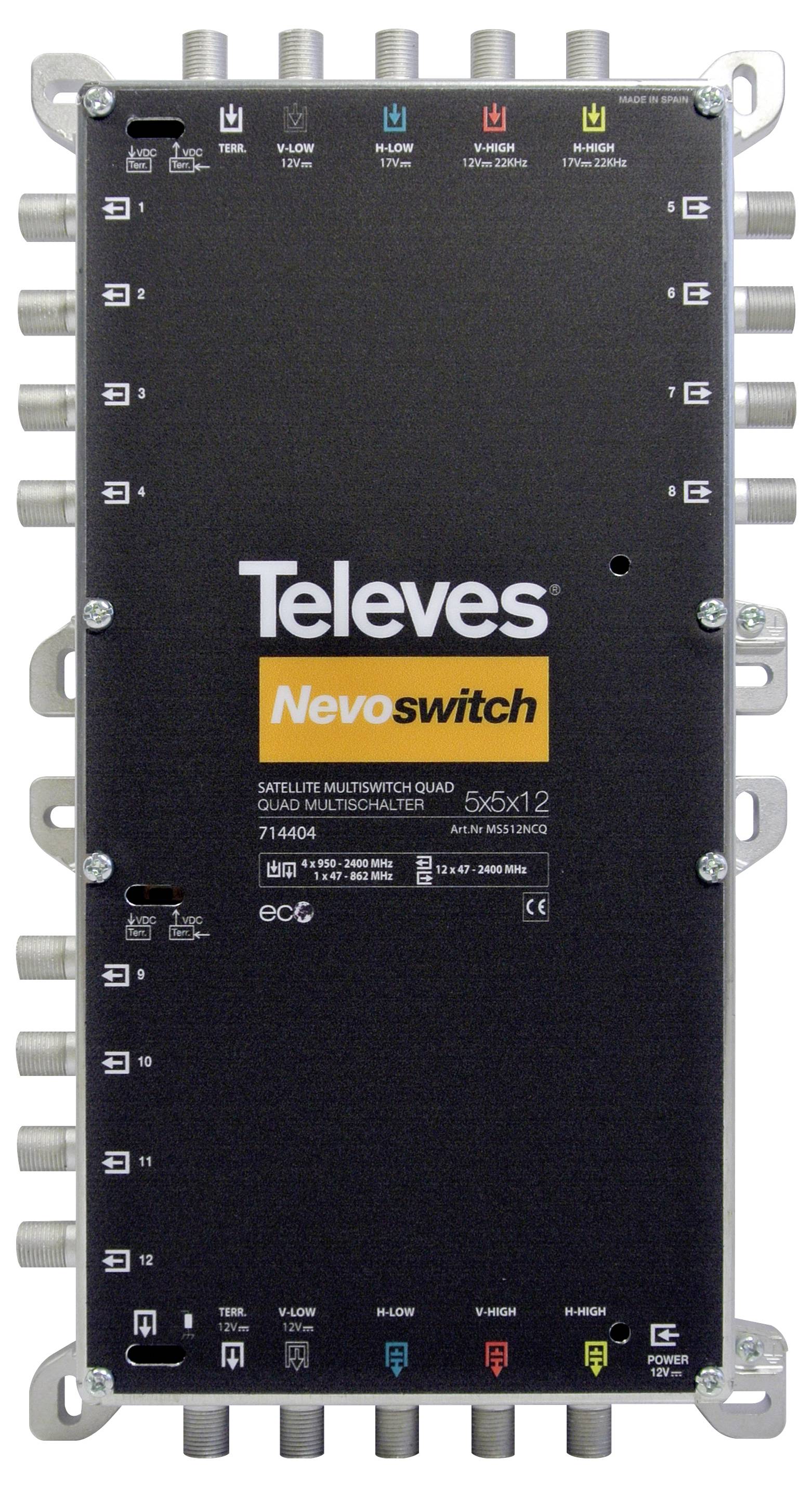 Televes Nevoswitch Multiswitch, Modell 714804, mit mehreren Ein- und Ausgängen zur Verteilung von Satellitensignalen.