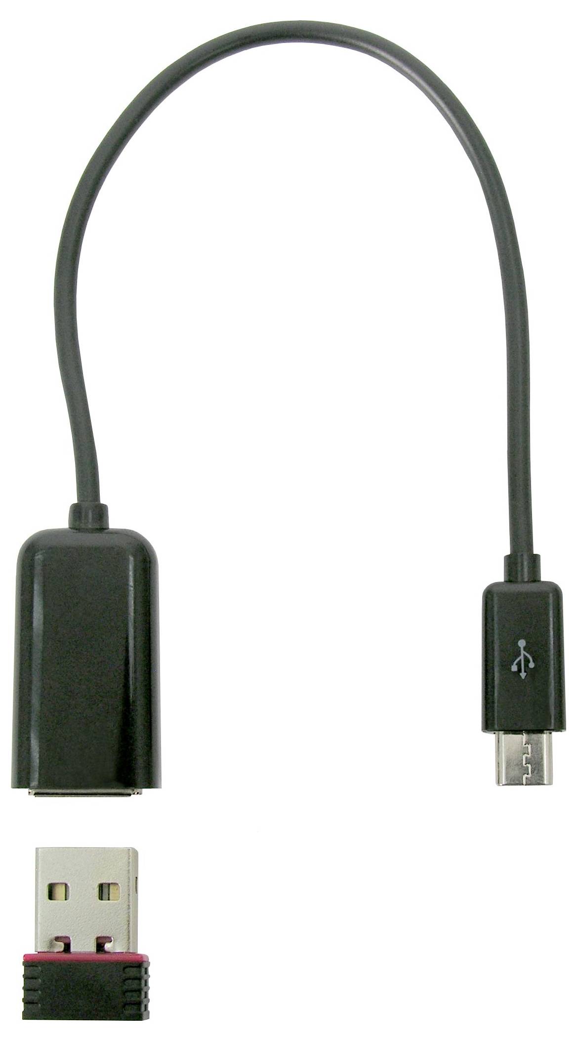 Ein schwarzes USB-OTG-Adapterkabel mit Micro-USB-Anschluss und Standard-USB-A-Anschluss.