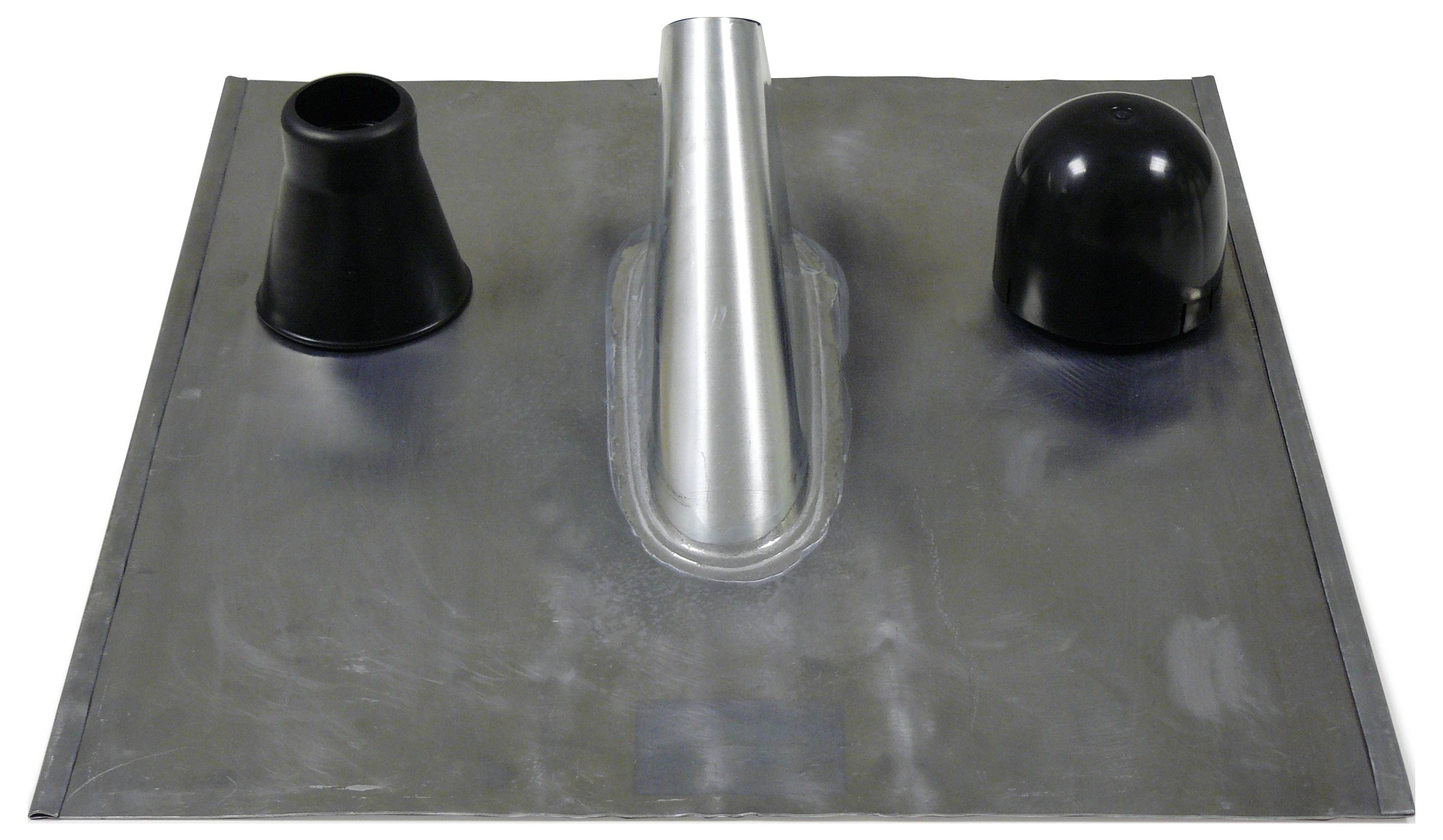 Eine Metallplatte mit einem aufrechten Zylinder in der Mitte, flankiert von einem schwarzen Kegel und einer schwarzen Kuppel. Wird zum Halten oder Organisieren von Gegenständen verwendet.