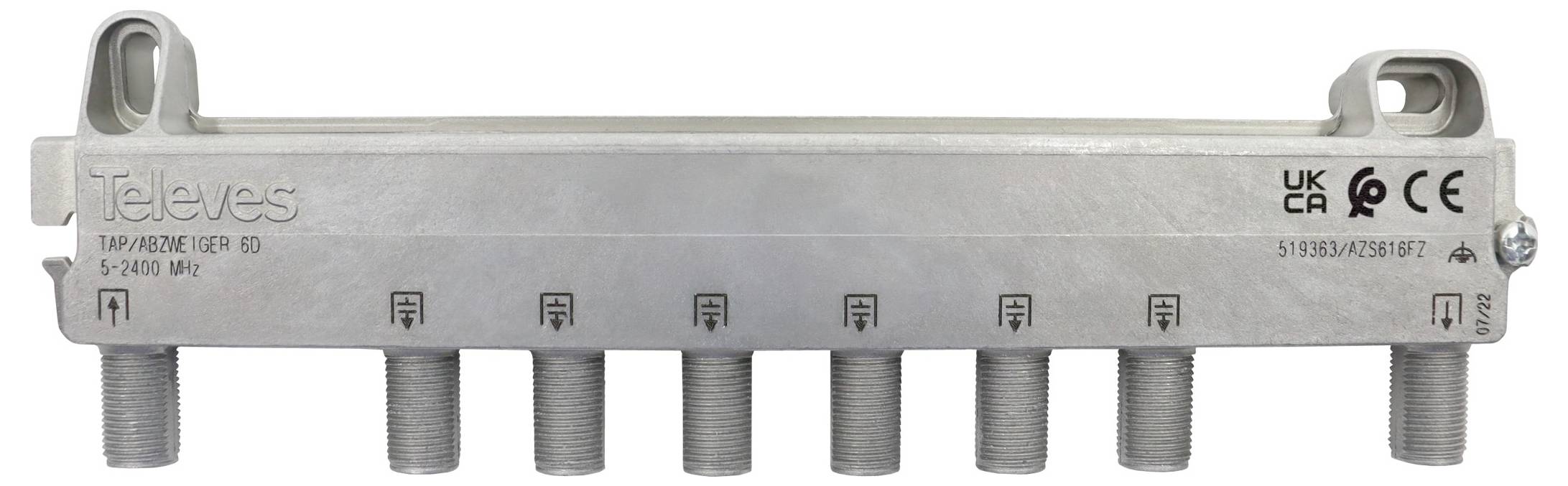 Metallischer Fernsehsignalverteiler mit acht Koaxialkabelanschlüssen, gekennzeichnet mit „Televes