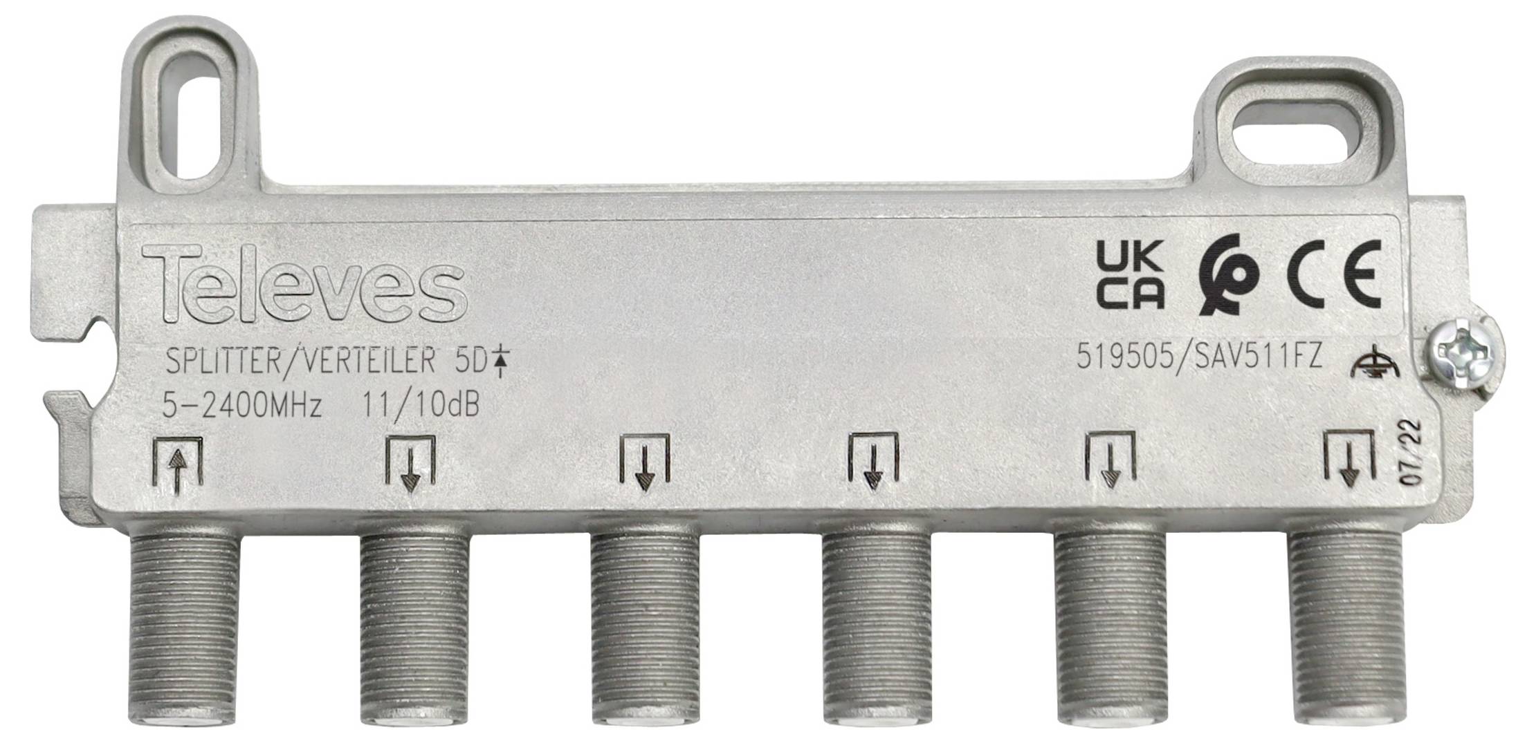 Sechsfach-Signalteiler mit Frequenzbereich von 5-2400 MHz, Bewertung von 11/10 dB und mehreren Zertifizierungslogos auf dem Metallgehäuse.