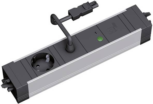 Steckerleiste mit einer Steckdose, einem Schalter und einem Stromkabel. Das Design hat ein schwarzes und silbernes Farbschema.