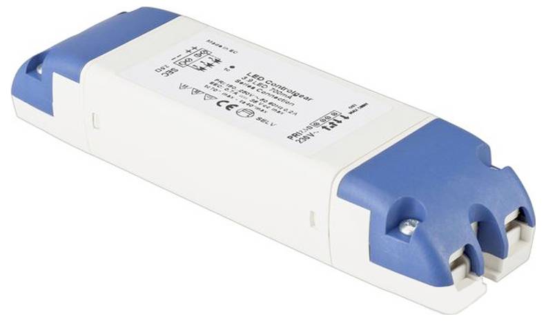 Weiß-blaues rechteckiges LED-Netzteil mit gekennzeichneten Spezifikationen auf der Oberseite, einschließlich Herstellerangaben und elektrischen Leistungswerten.