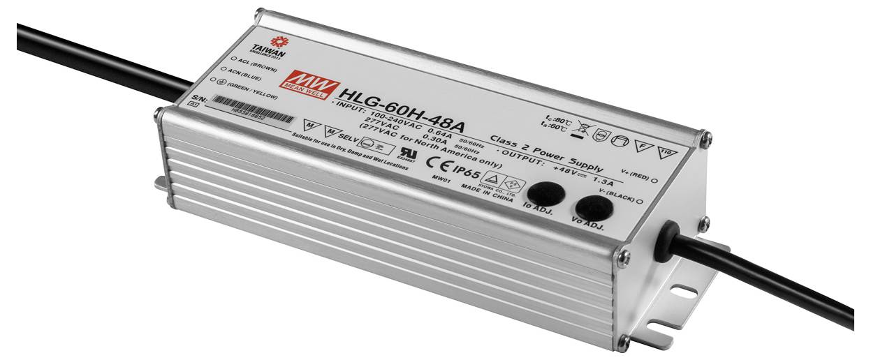 Rechteckiges Mean Well LED-Netzteil mit der Bezeichnung „HLG-60H-48A