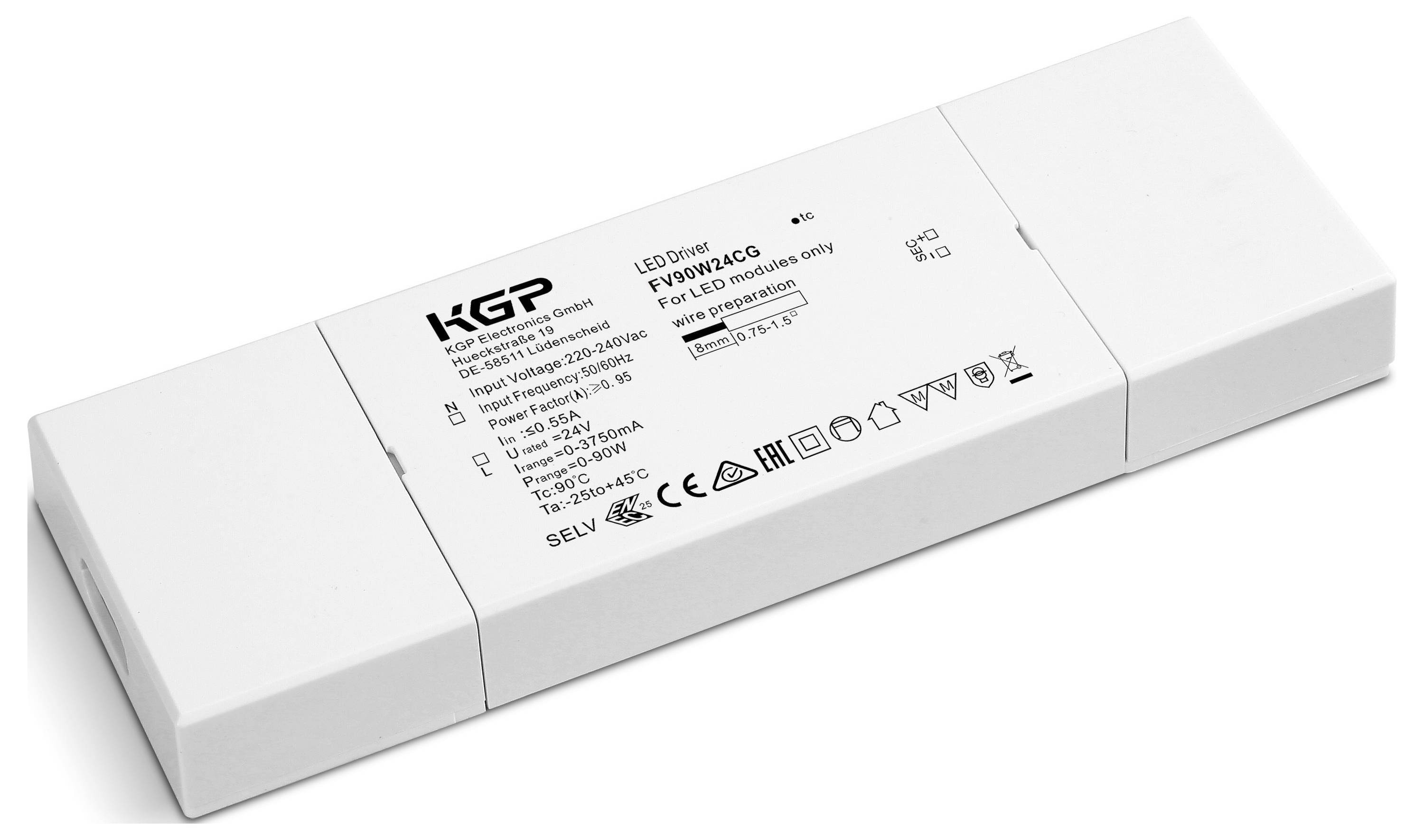 „KGP LED-Treiber Modell: PVP10040C, Eingang: 220-240V, Ausgang: 100W, 2800mA, IP20-bewertet, nur für LED-Anwendungen.