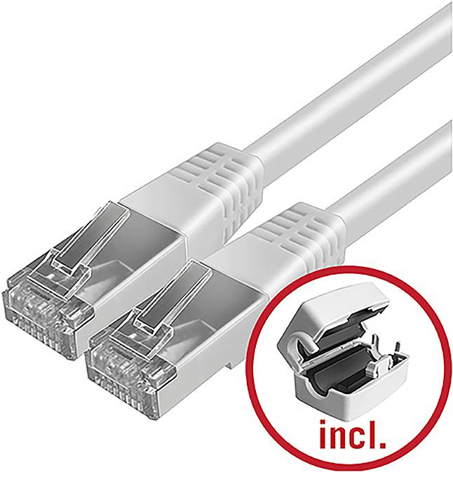 Zwei weiße Ethernet-Kabel mit RJ45-Anschlüssen; ein roter Kreis zeigt eine Nahaufnahme einer angeschlossenen Jackinstallationswerkzeugs.