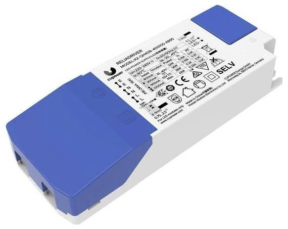 LED-Treiber mit Spezifikationsdetails einschließlich Spannung, Stromstärke und Konformitätssymbolen auf seiner Oberfläche gedruckt.