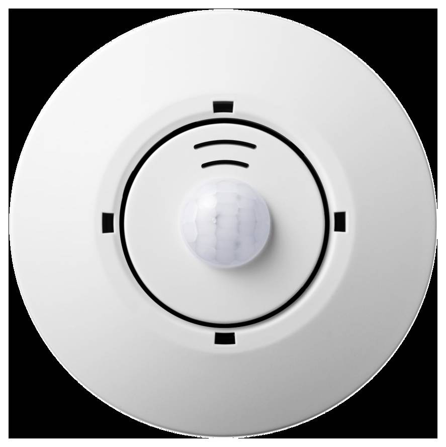 Ein runder Bewegungsmelder mit einer zentralen weißen Kuppel und schwarzen Markierungen, konzipiert für die Deckenmontage, verwendet zur Bewegungserkennung.