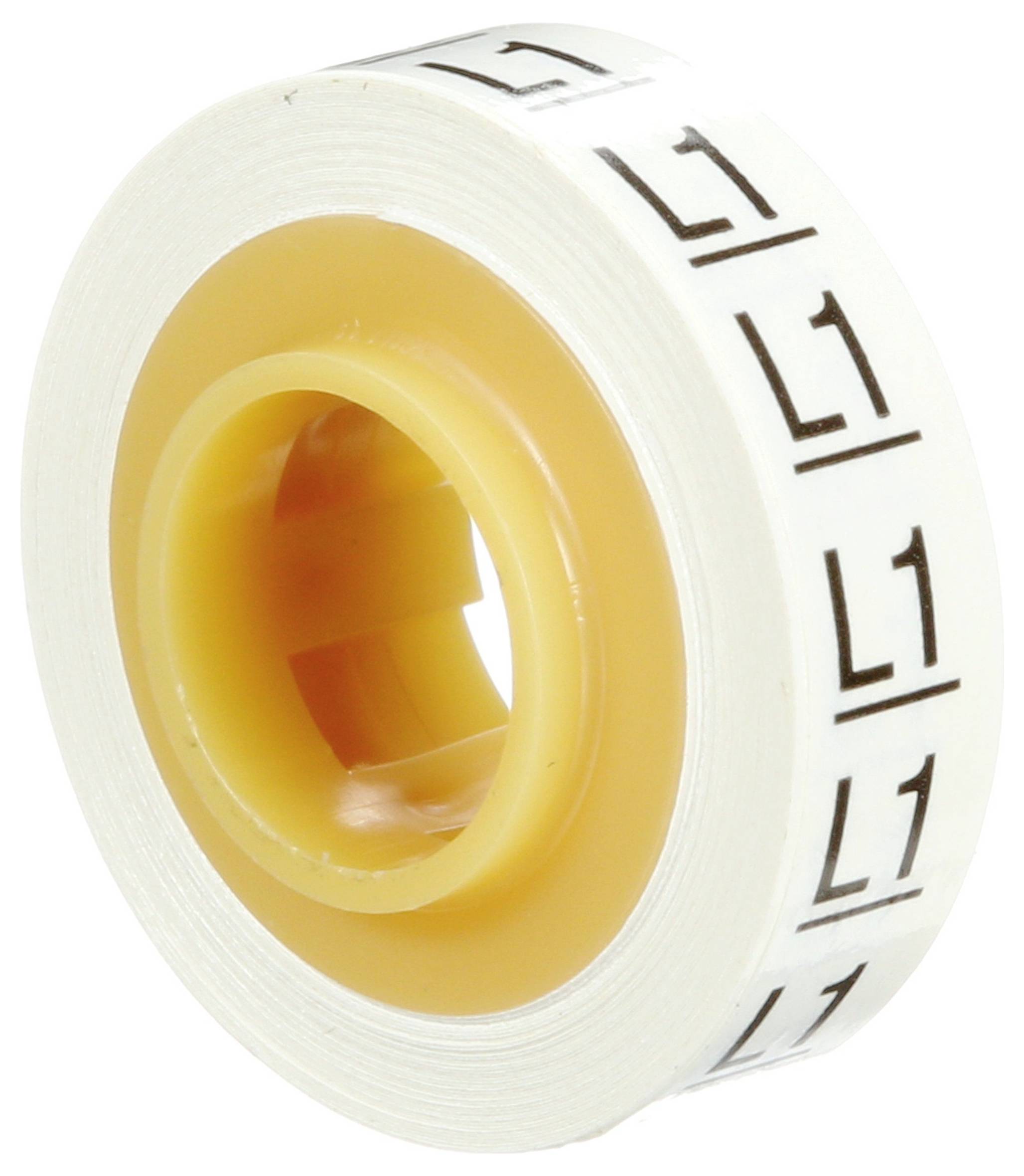 Eine Rolle weißes Klebeband mit wiederholten schwarzen Buchstaben „L