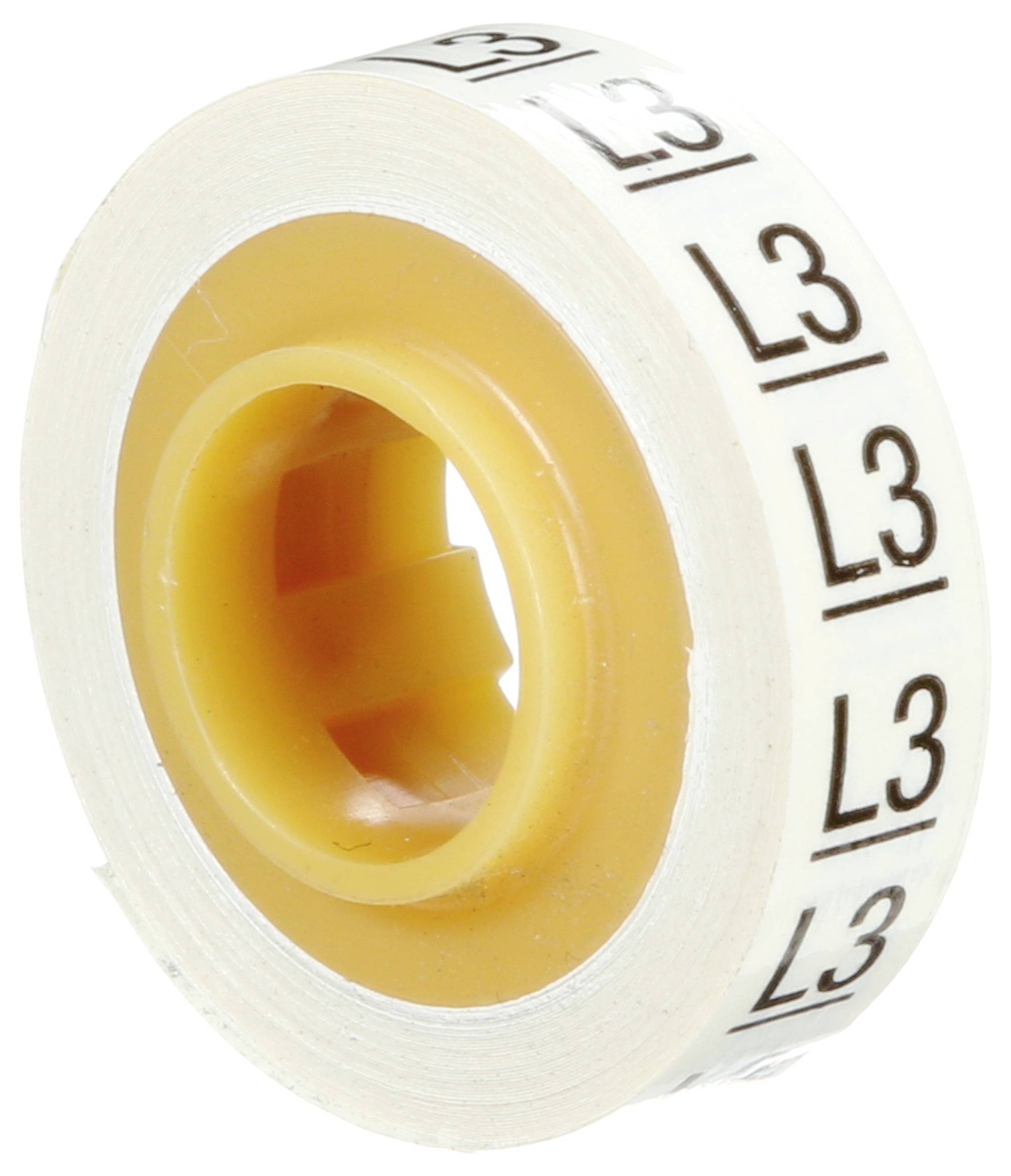 Eine Rolle weißer Klebeetiketten mit schwarzem Text „L3