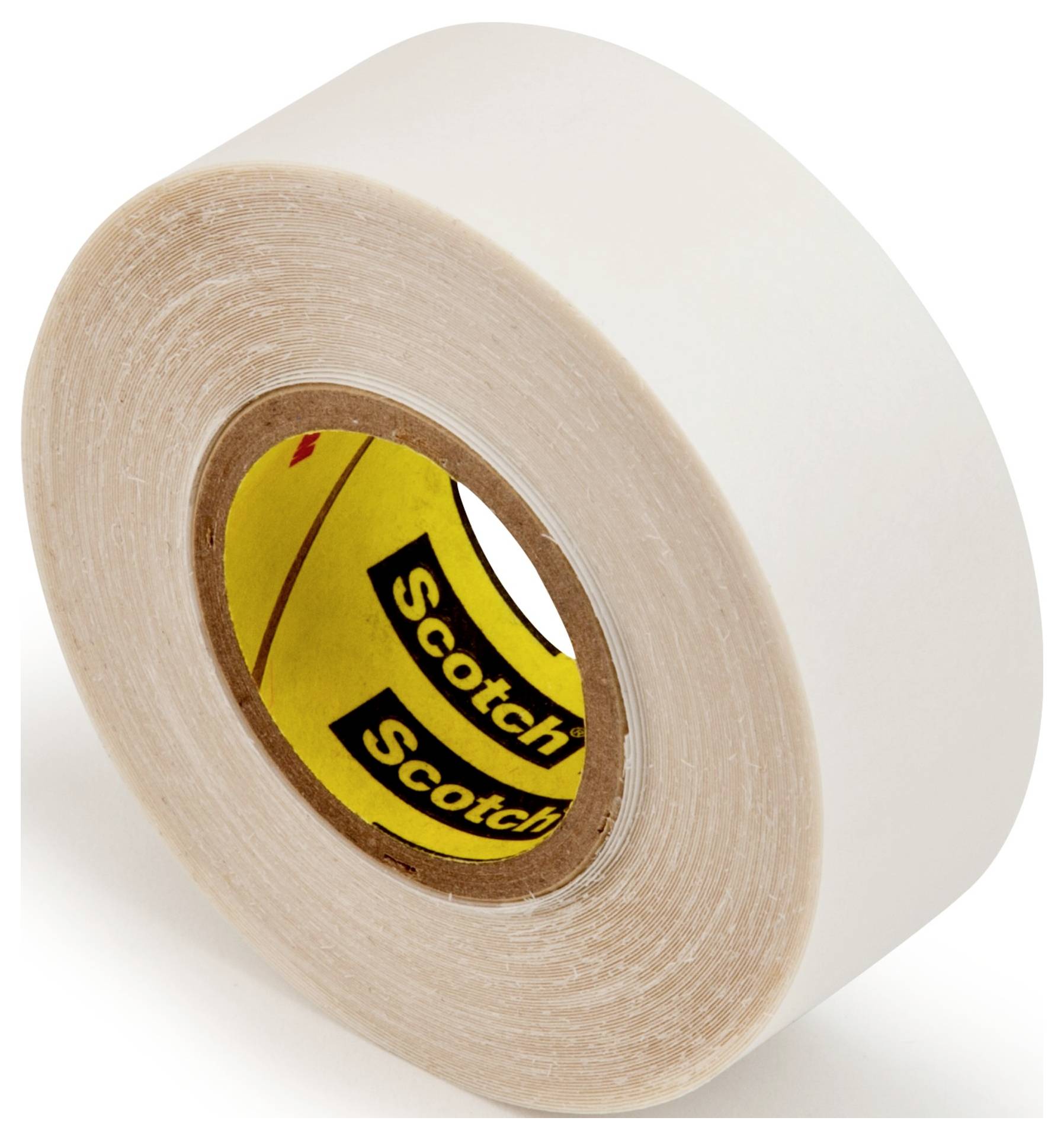 Eine Rolle weißes Klebeband mit gelbem Innenkern mit der Aufschrift 