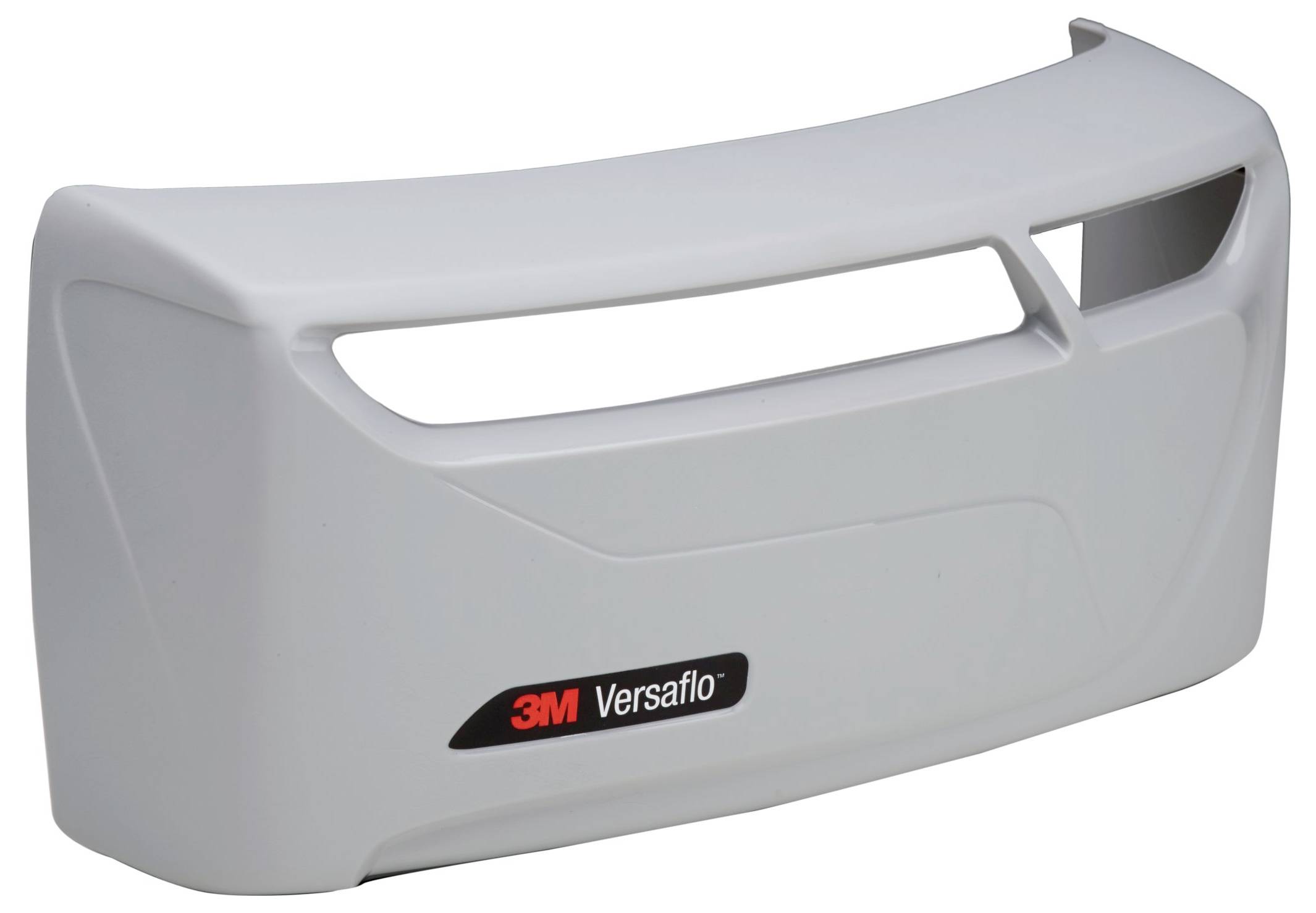 Ein weißer, gebogener Atemschutzvisier mit der Bezeichnung 3M Versaflo, mit einer Öffnung für die Luftzirkulation oben, bietet Schutz in Arbeitsumgebungen.